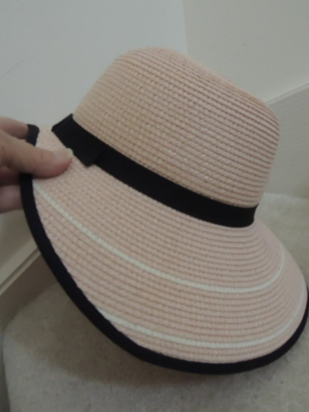 Ladies MAGID Hat Lt Pink Paper Straw w/White Accents Grosgrain Ribbon Black Edge